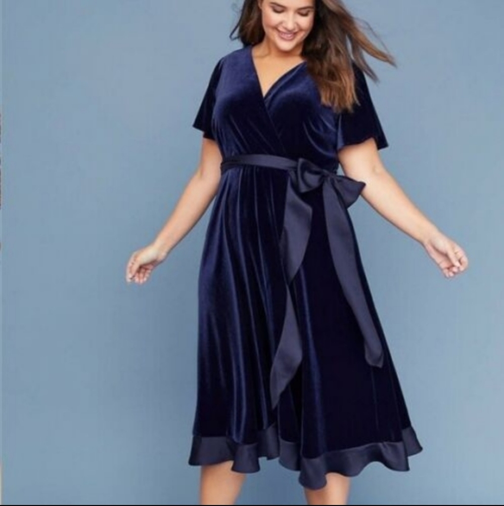 Lane Bryant navy velvet faux wrap midi dress